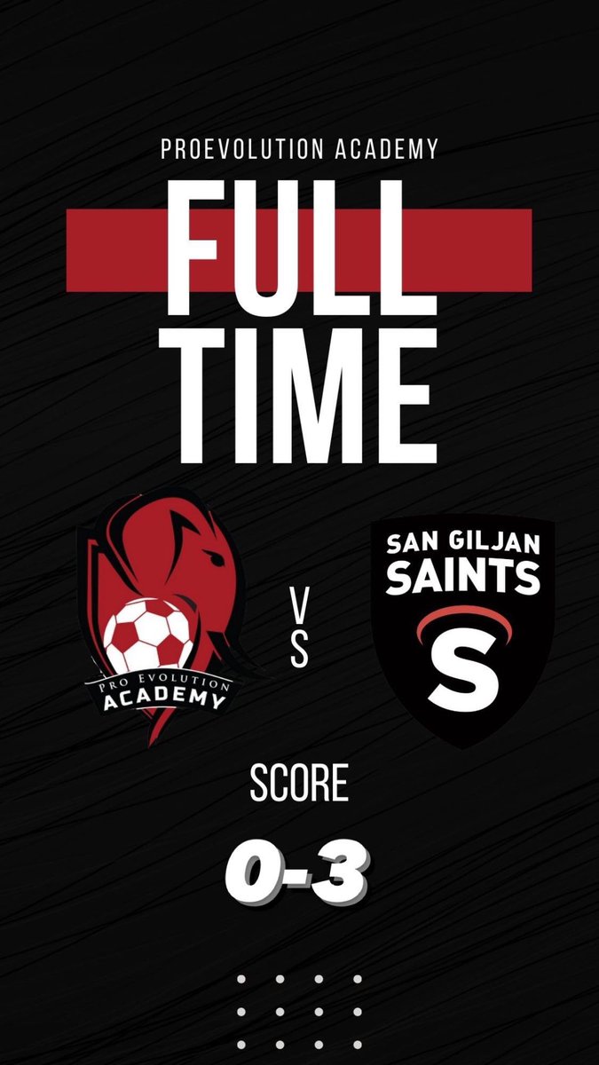 ProEvolutionAcd's tweet image. ⚫️🔴 FULL TIME ⚫️🔴 

ProEvolution 0-3 San Giljan Saints

Bad Result for the guys … 

⚫️🔴
