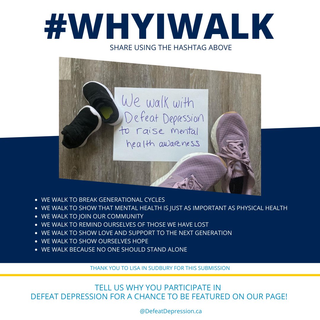 We want to hear your story! 📣 Share why you participate in Defeat Depression events using #WhyIWalk for a chance to be featured on our page! 🌟 Let's inspire others and spread hope together. 💙 #DefeatDepression #DD2023 defeatdepression.ca