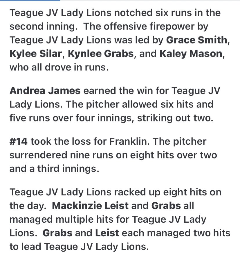 teague_ladylion's tweet photo. JV rounded out their season Tuesday with a 10-5 win over Franklin! 🔥

Kynlee Grabs: 2-2, 2RBI
Grace Smith: 1-1, 1RBI
Mackinzie Leist: 2-2
Kylee Silar: 1-1
Rylee Stacks: 1-2
Andrea James: 1-2
Keirsten Williams: 1RBI, 1BB

Way to finish strong ladies! We are so proud of you! https://t.co/wMqqoUoe6t
