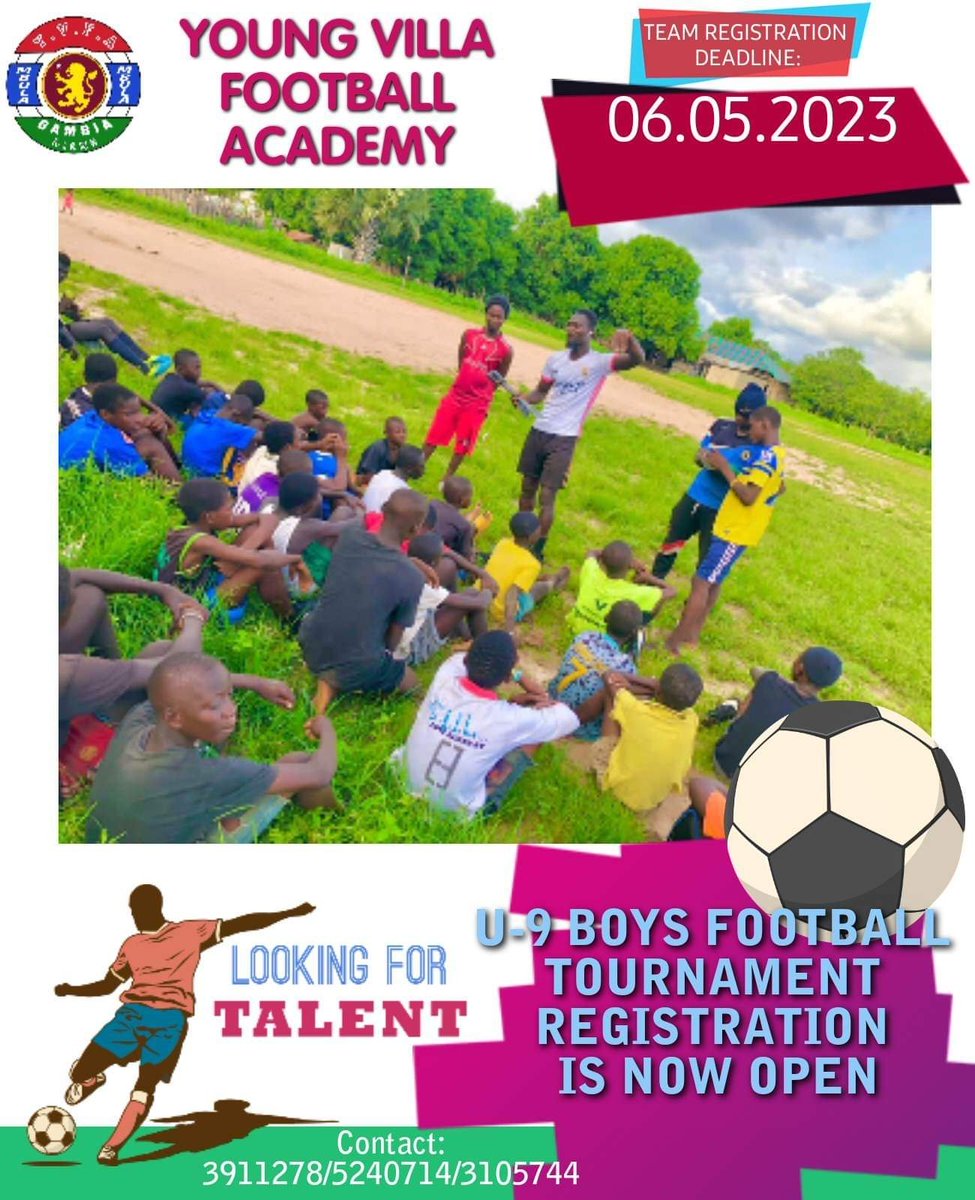 YVFAGambia's tweet photo. IN #YVFA WE BELIEVE EVERY CHILD IS BORN TALENTED ALL THEY NEED IS THE RIGHT ENVIRONMENT, HOPE AND SOMEONE WHO BELIEVES IN THEM.
TO REGISTER PLEASE CONTACT THE NUMBERS ON THE FLYER.
@ALife1874 @FinchamPete @AVFC_KJA @jodielouiseart @BobWolQuotes @Kieronocall
#sponsorsINVITED https://t.co/2Cjfwq4z61
