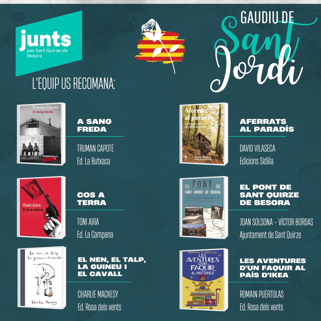 L’equip de @juntsxstquirze us desitja una bona diada de #santjordi 🌹📚‼️

I si encara dubteu 🤔 sobre quins llibres 📚 adquirir, aquí teniu les nostres recomanacions 😉

#diadelllibre #santjordi2023 #juntssantquirzedebesora #lecturarecomanada