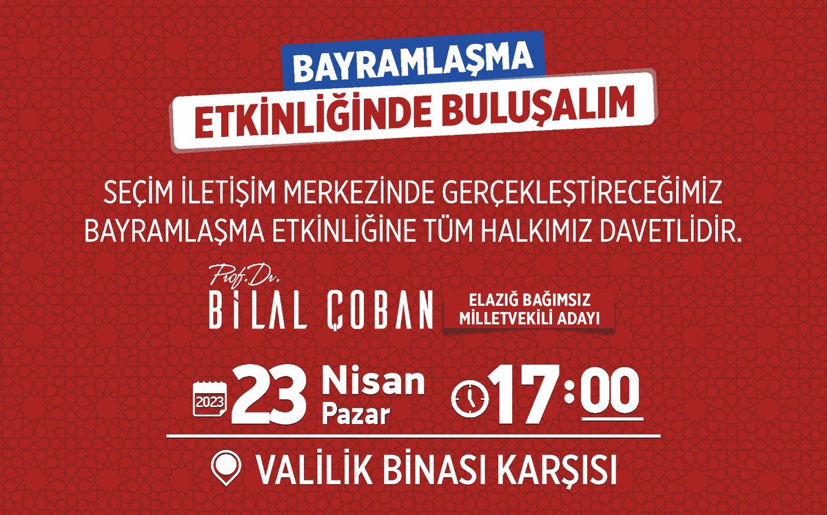Seçim iletişim merkezimizde gerçekleştireceğimiz bayramlaşma etkinliğine tüm halkımız davetlidir.

#BilalCoban
#SenleDüzelir
#Bağımsız
#Elazığ
