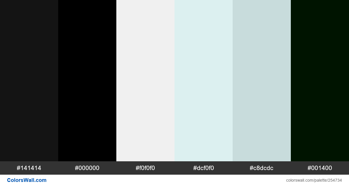 colorswall's tweet image. Sidebar admin panel theme graphs palette #141414, #000000, #f0f0f0, #dcf0f0, #c8dcdc, #001400 #colors #palette colorswall.com/palette/254734