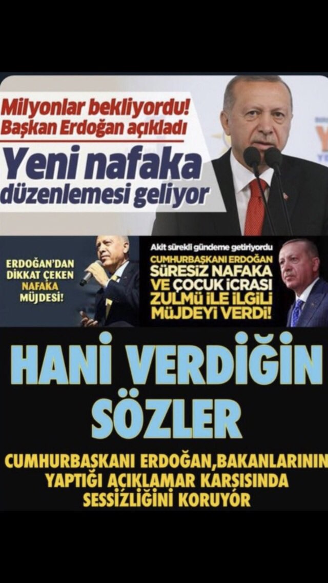#SüresizNafaka zulmünü neden görmezden geliyorsun 
<a href="/RTErdogan/">Recep Tayyip Erdoğan</a> "5 yıl önce kaldıracağım" diye söz vermemiştiydin?
Âllah sözünde durma hidayeti verir İnşallah.
#BirOyDegistirir