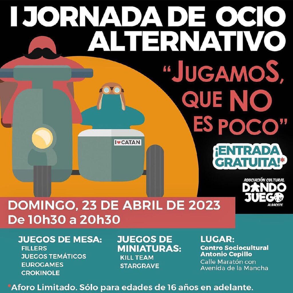 Mañana de 10:30 a 20:30 estaremos CSC Antonio Cepillo en las I Jornadas de ocio alternativo “Jugamos que no es poco”. Que gran verdad se encierra en esa frase… TE ESPERAMOS!!! instagr.am/p/CrWSPSstz-3/