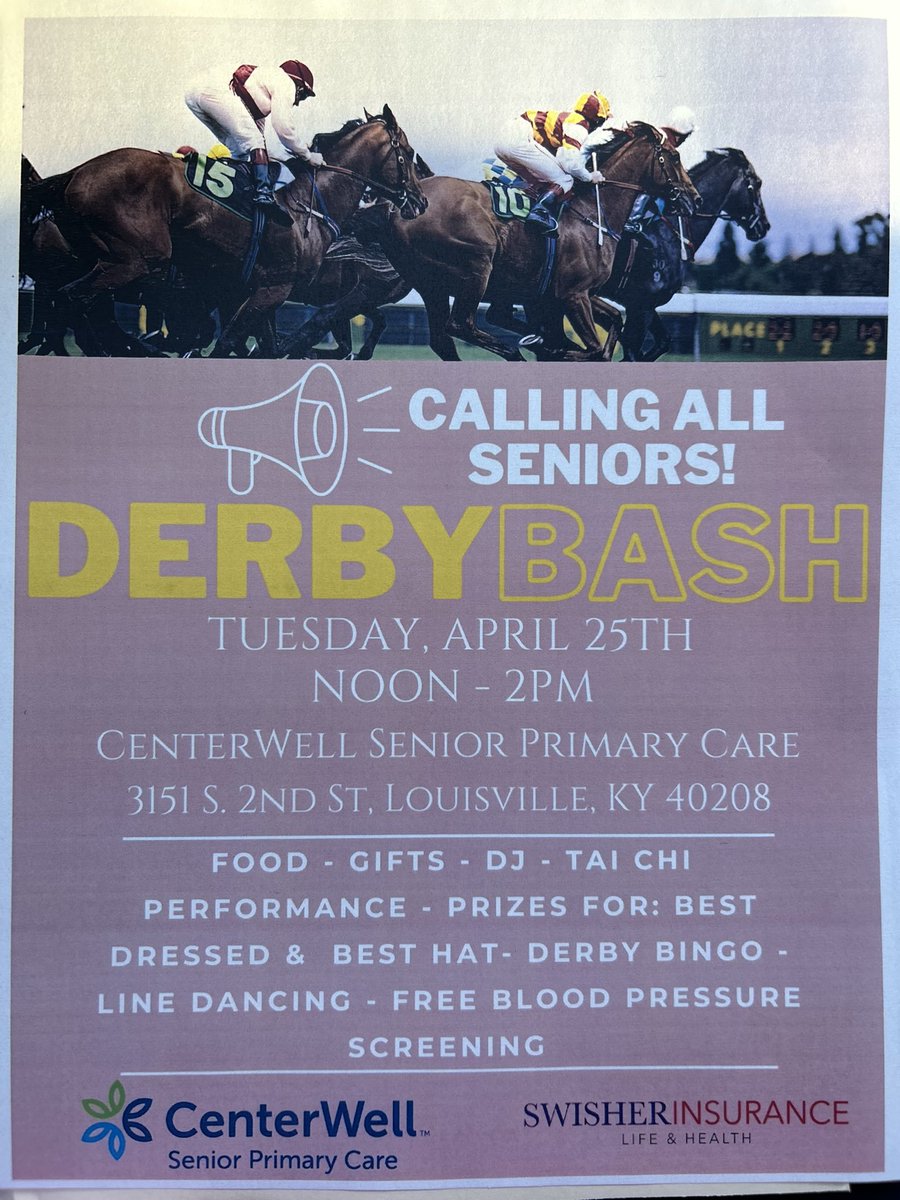 Our community partner CenterWell Senior Primary Care has an amazing Derby event for seniors. See flyer for details. 🐎🏇