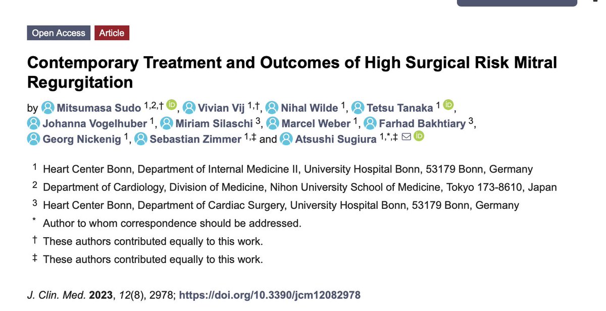 AtsushiSssugi's tweet photo. Our work is now out! "Contemporary treatment and outcomes of high surgical risk MR." Single-center, Germany, 2019-2021 -90%: MV interventions. -10%: medical therapy alone, showing unfavorable anatomies. -MV intervention -> ↓HFH and improved symptoms. https://t.co/z5WTfGcZJx https://t.co/GM0zOXyQay