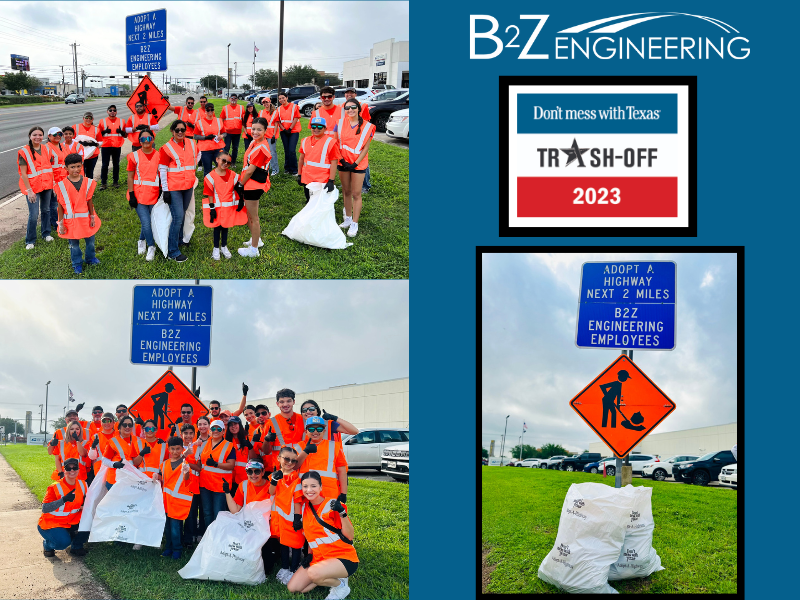 B2zEngineering's tweet photo. B2Z is extremely proud of our amazing employees and their families for their continued participation and support of TxDOT’s Adopt-A-Highway program! @KeepTxBeautiful @DMWT_Program @TxDOT  #GreatAmericanCleanUp #EarthDay2023 #BeautifyTx #DMWTTO #TrashTag #b2zengineering https://t.co/RUQpaEskOI