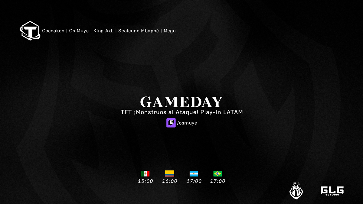 GLGesports's tweet photo. Ha llegado el día! Hoy jugamos play in en LATAM
Mucho éxito a todos nuestros jugadores ✨
🇦🇷 @Cocca_Ken
🇦🇷 @OsMuyeTFT
🇨🇴 @AxLRoselol
🇨🇴 @sealcune
🇵🇪 @MeguCaat
No te pierdas la transmisión por el canal de Muye (Top 1 POV)🔥
#GoGLG #GetReady #RoadtoWorlds #SomosTFT https://t.co/E2UjNKay3e
