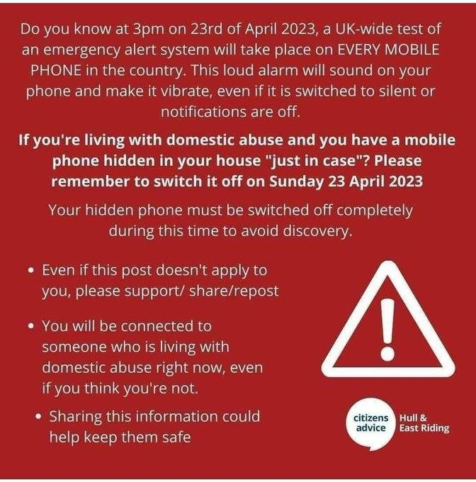 TallulahTangle's tweet photo. UK #NationalEmergencyAlert test : The government's "Our new way to warn you when lives are in danger" may actively put lives in danger
Your hidden #DomesticViolence escape phone must be SWITCHED OFF COMPLETELY (not just silent) before 2pm Sunday. https://t.co/7KYSBpyyBp
