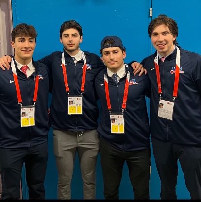 Buncha beauties! Mid Fairfield alumni Fine, Guzzo, Minnetian, and Fortescue representing at the #U18worlds 🇺🇸 Keep it rolling! #RollMF #USAHockey