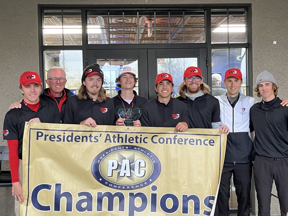 PAC_Athletics's tweet photo. By shooting 292 Saturday, ⁦@wjathletics⁩ erased a 13-shot deficit over the final 18 holes to score 1210 for the Tournament and win the PAC Men’s Golf Championship by one stroke over Allegheny and two strokes over Westminster. https://t.co/UG18nOkGbt