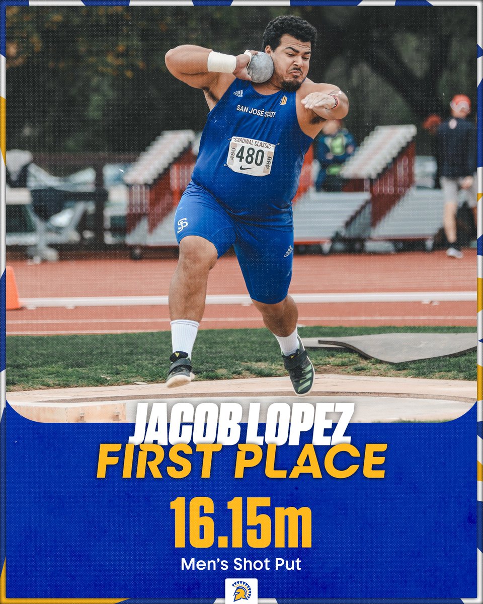 SanJoseStTFXC's tweet photo. LOPEZ WINS IT FOR THE SPARTANS💪

Jacob Lopez wins the Men's Shot Put at the Payton Jordan Invitational with a top mark of 16.15m (53'0")👀

#AllSpartans https://t.co/VKrovScc58