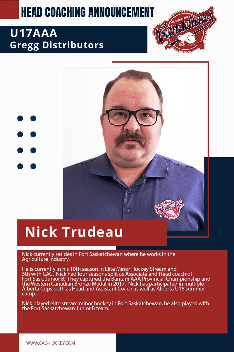 cac_hockey's tweet photo. The CAC is happy to announce that Nick Trudeau has been named the head coach of the U17AAA Gregg Distributors team for the 2023/2024 Season. #CACPROUD https://t.co/6AfXt75aKD