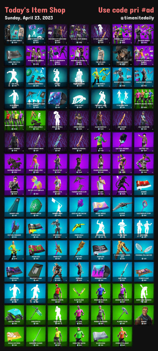 timenitedaily's tweet photo. 🌤 Today's Item Shop on #Fortnite
📅 Sunday, April 23, 2023
 
🌟 Use code pri to support #EpicPartner https://t.co/sk2SeTqwOC
