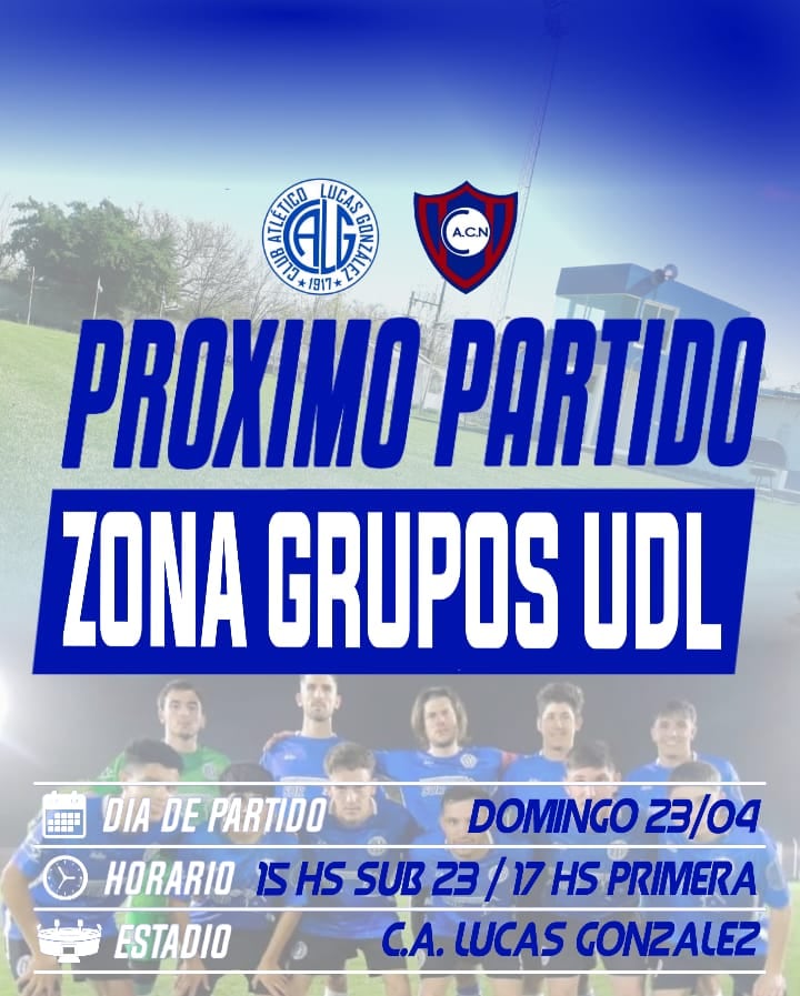 ⚽ Lucas vs. Central Nogoya
📅 Domingo 23
🕐 15:00 HS - Sub 23
🕐 17:00 HS - Primera División 
🏟️ Club Atlético Lucas González 

 💪🏻💙