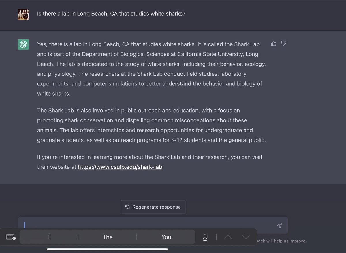 darnellgad's tweet photo. Here is what Chat GPT has to say about the CAULB SharkLab. #chatgpt #csulb #caulbsharklab #sharklab https://t.co/vZgX61KjzF