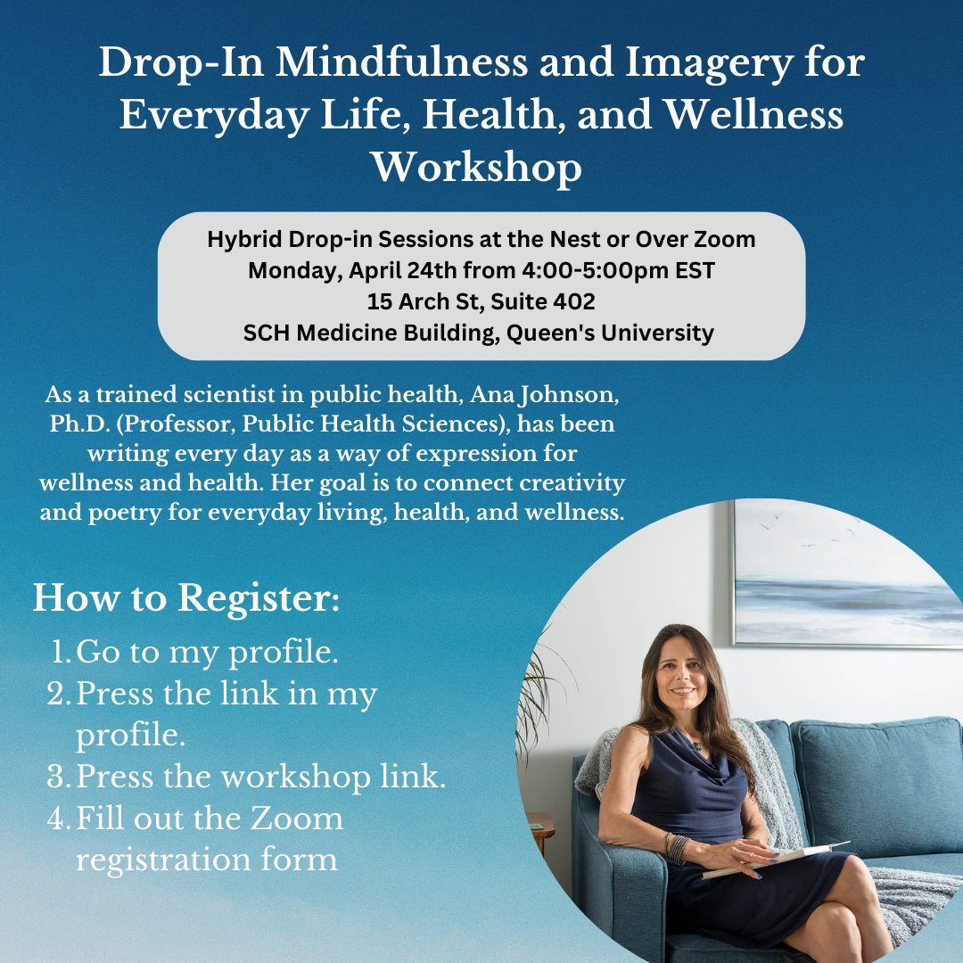 AnaJAuthor's tweet photo. Are you interested in a mindfulness workshop? If so, join Ana Johnson, Ph.D. Monday, April 24th from 4:00-5:00pm EST either in-person at the Nest or over Zoom.  Register below: 
https://t.co/Vs4BOGxX9T https://t.co/hwAo92PVBn