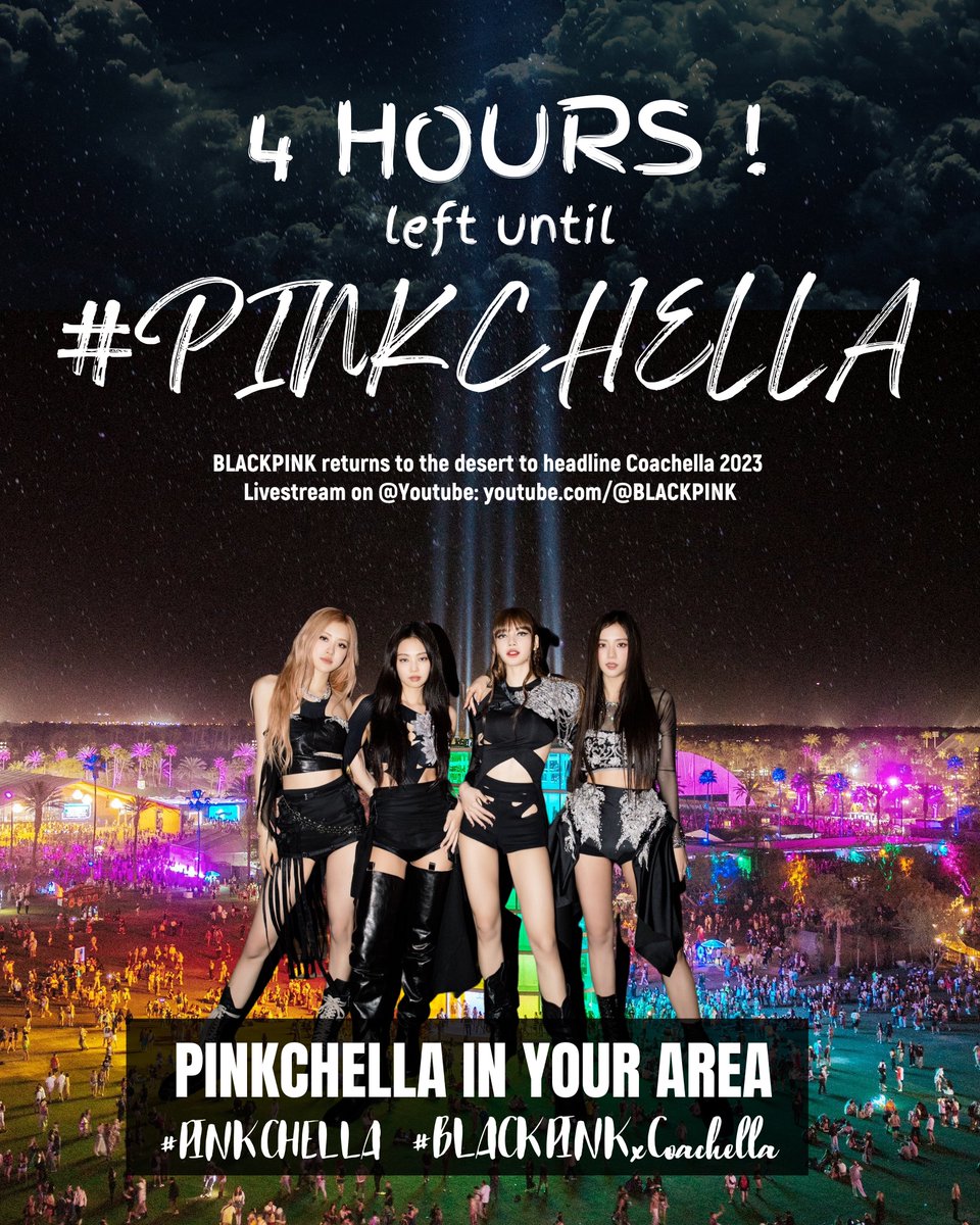 BBU_BLACKPINK's tweet photo. .@BLACKPINK x @coachella COUNTDOWN [TRENDING PARTY]

4 HOURS LEFT TIL #BLACKPINK’s HISTORICAL PERFORMANCE on @COACHELLA as HEADLINERS! Tune in on @Youtube(https://t.co/sI9bjRMXXl) at 9:20PM INDIO | 12:20AM NY | 1:20PM KST

PINKCHELLA IN YOUR AREA
#PINKCHELLA #BLACKPINKxCoachella https://t.co/w9bEbkbcK6
