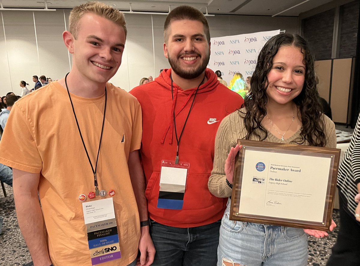 Legacy Student Media (@therideronline) on Twitter photo At the national journalism convention in San Francisco, <a href="/therideronline/">Legacy Student Media</a> editors Blake Hinerman, 11, Jonah Pedroza, 11, and Leilani Fierro, 12, show off their NSPA Pacemaker Award. The Pacemaker is <a href="/nspa/">National Scholastic Press Association</a>’s top national award. <a href="/mansfieldisd/">Mansfield ISD</a> At the national journalism convention in San Francisco, <a href="/therideronline/">Legacy Student Media</a> editors Blake Hinerman, 11, Jonah Pedroza, 11, and Leilani Fierro, 12, show off their NSPA Pacemaker Award. The Pacemaker is <a href="/nspa/">National Scholastic Press Association</a>’s top national award. <a href="/mansfieldisd/">Mansfield ISD</a>
