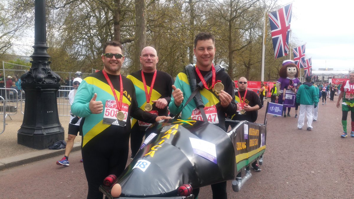 WbobsledT's tweet photo. Good luck to everyone who is running the @LondonMarathon today enjoy the atmosphere and Happy St George's Day 
All being well we hope to see you all again there next year helping to raise money for Asthma 
#coolrunnings https://t.co/phLy80lvTh