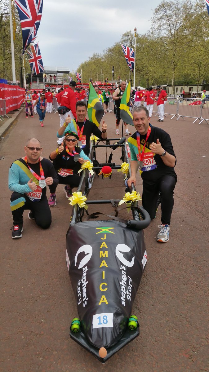WbobsledT's tweet photo. Good luck to everyone who is running the @LondonMarathon today enjoy the atmosphere and Happy St George's Day 
All being well we hope to see you all again there next year helping to raise money for Asthma 
#coolrunnings https://t.co/phLy80lvTh