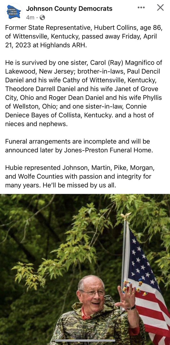 Hubie Collins was my neighbor and mentor when I came to the House in 2014. He was a great communicator. It was said of his campaigning skills - if you saw 2 or more people gathered on the sidewalk in Johnson or Martin Counties, there was a good chance one of them was Hubie. RIP