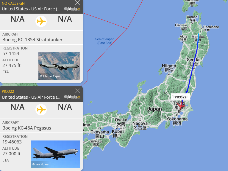 SirListenalot's tweet photo. #B1's #BUTCH11 returned home from Cope India 23. I noted #KC135 #AE0380 and #KC46 #AE5FAA as #PICO21-22 on a round trip out of Misawa supporting them. Screenshots show Apr22 0645z / 0945z https://t.co/BOpxUA1cZg