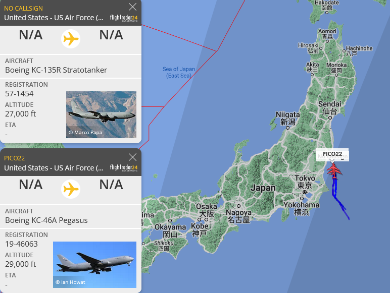 SirListenalot's tweet photo. #B1's #BUTCH11 returned home from Cope India 23. I noted #KC135 #AE0380 and #KC46 #AE5FAA as #PICO21-22 on a round trip out of Misawa supporting them. Screenshots show Apr22 0645z / 0945z https://t.co/BOpxUA1cZg