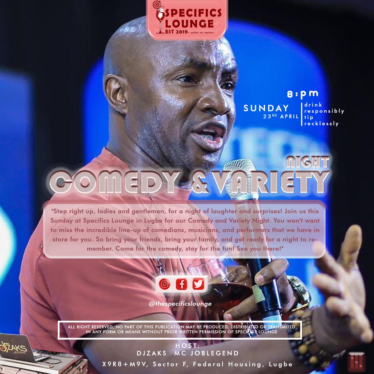 fresh_opulence's tweet photo. . #SpecificLoungeAbuja
. #SundayComedyNight
. #VarietyNightAbuja
#LoungeLifeAbuja
#LoungeVibesAbuja
. #LugbeLoungeCulture
. #SundayFundayAbuja
. #ComedyCentralAbuja
. #VarietyHourAbuja
. #LugbeNightlife https://t.co/fLh9Zj4dvx