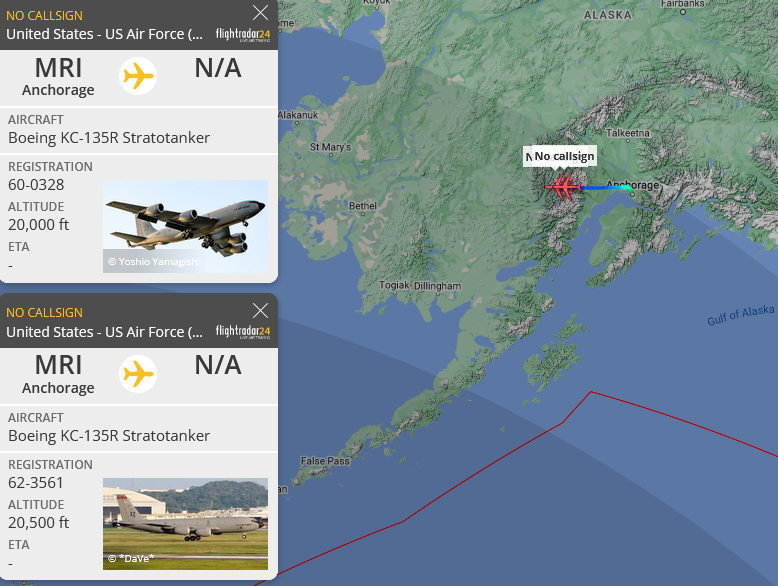 SirListenalot's tweet photo. #B1's #BUTCH11 returned home from Cope India 23. I noted #KC135's #AE0686 and #AE07BB as #PICO31-32 on a round trip out of Elmendorf supporting them along AR-508E. Screenshots show Apr22 1205z / 1535z https://t.co/PU0pPuEln8