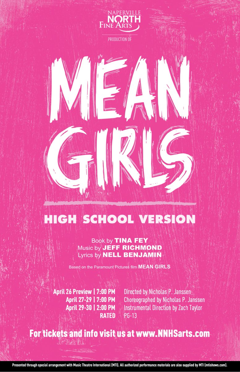 NapervilleNPAC's tweet photo. Tickets are live for this year's musical: Mean Girls! Show days are April 26-29 at 7pm, and April 29-30 at 2 pm. Purchase your tickets at https://t.co/zIGZS92dGB!
#driventoperform #hstheatre #naperville https://t.co/TUKY7IUJaq