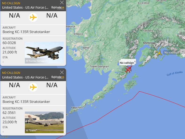 SirListenalot's tweet photo. #B1's #BUTCH11 returned home from Cope India 23. I noted #KC135's #AE0686 and #AE07BB as #PICO31-32 on a round trip out of Elmendorf supporting them along AR-508E. Screenshots show Apr22 1205z / 1535z https://t.co/PU0pPuEln8