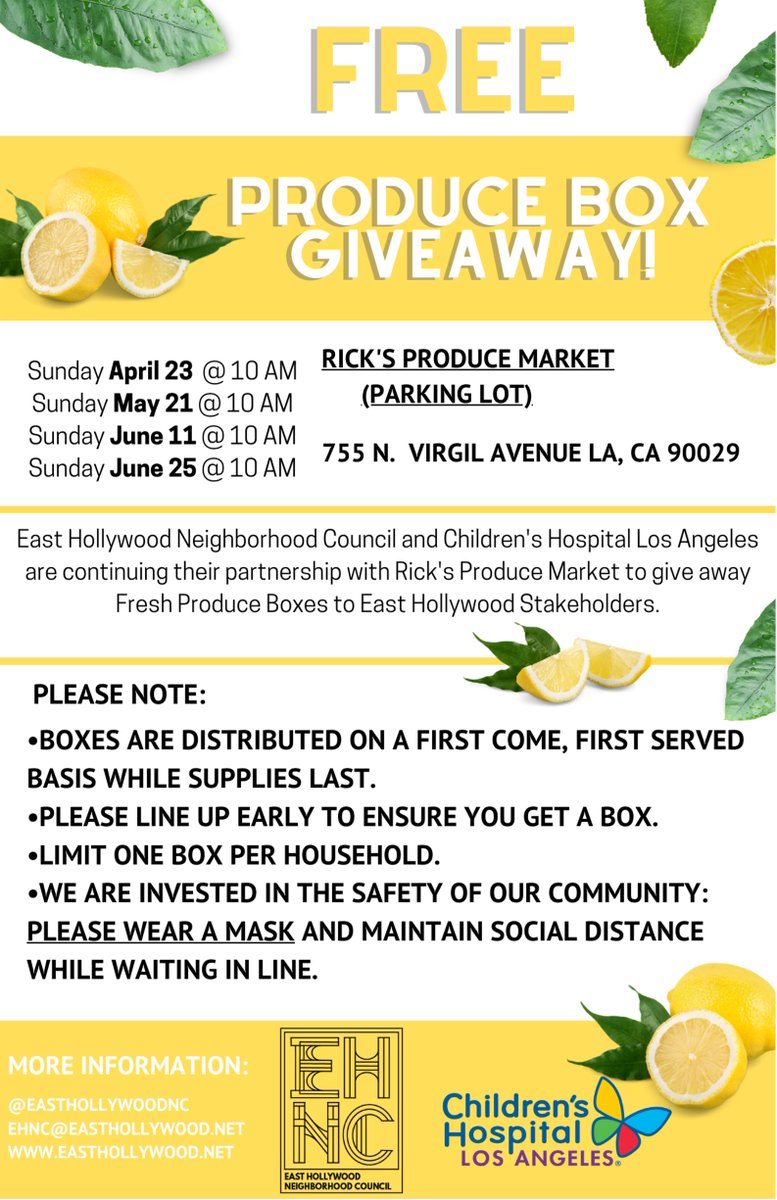 ChildrensLA's tweet photo. Free Produce Box Giveaway – Sunday, April 23, 10 a.m. at Rick's Produce Market, 755 N. Virgil Ave. Partnership between @ChildrensLA @easthollywoodnc and Rick’s Produce. See flier for details. #communityimpact #beyondwell https://t.co/q2IzcvIZXd