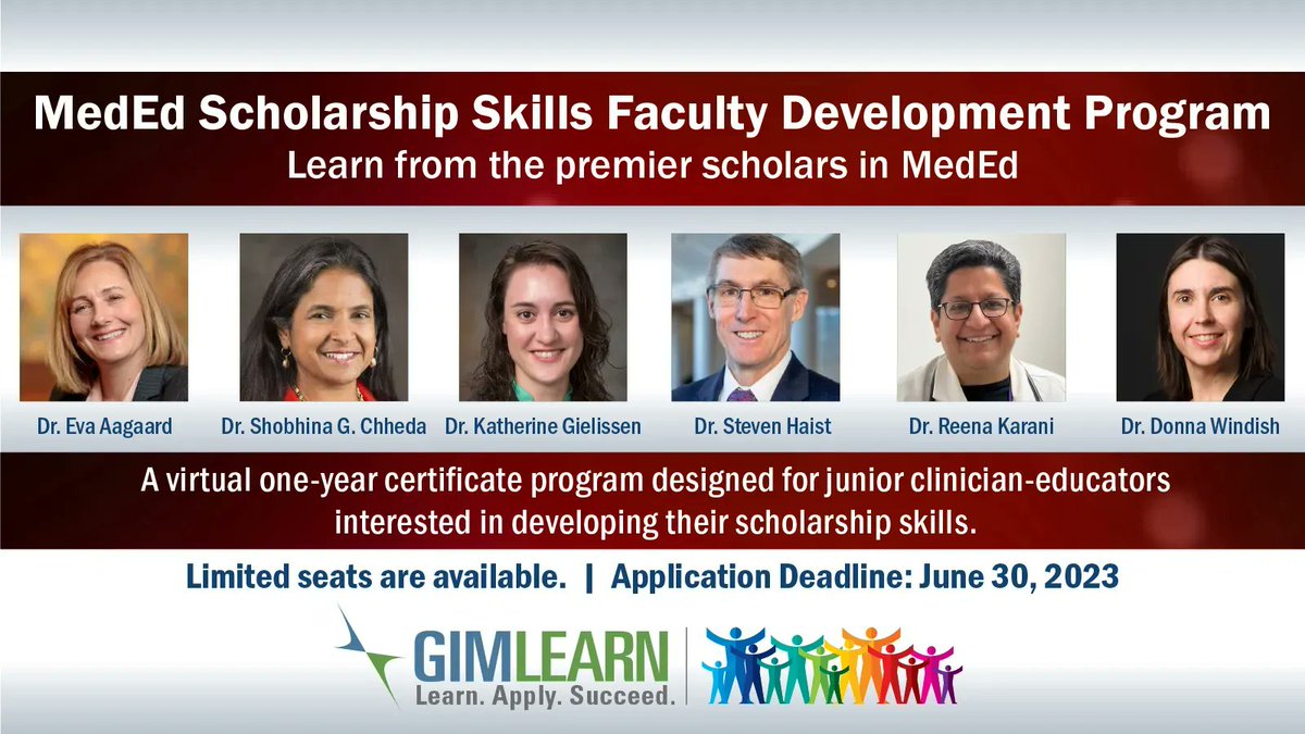 SocietyGIM's tweet photo. SGIM is excited to announce the MedEd Scholarship Program!  This is a one-year, online certificate program aimed to foster the career development of clinician-educators through training in medical education scholarship. Learn more &amp; apply by 6/30: https://t.co/K98nYWyb5U https://t.co/G9gx5jsyHt
