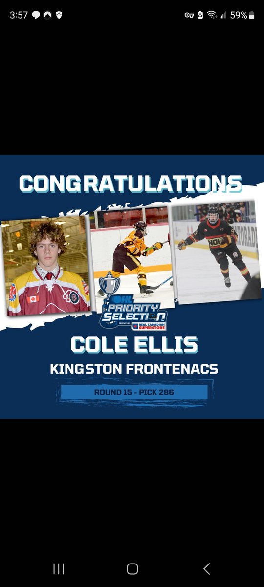 Big shout out to Cole Ellis for being drafted by the Kingston Frontenacs, of the OHL. Congrats Cole, well done!!