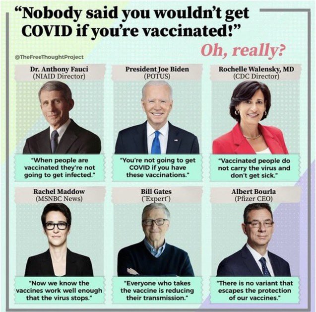 WarClandestine's tweet photo. There is an ongoing gaslighting campaign to brainwash the American People to forget all the false things the Left said about covid and vaccine efficacy.

Deep State politicians, MSM, Big Pharma, Health Agencies, etc.; they were wrong about… everything.

Accountability required. https://t.co/lnEhWd1vHy