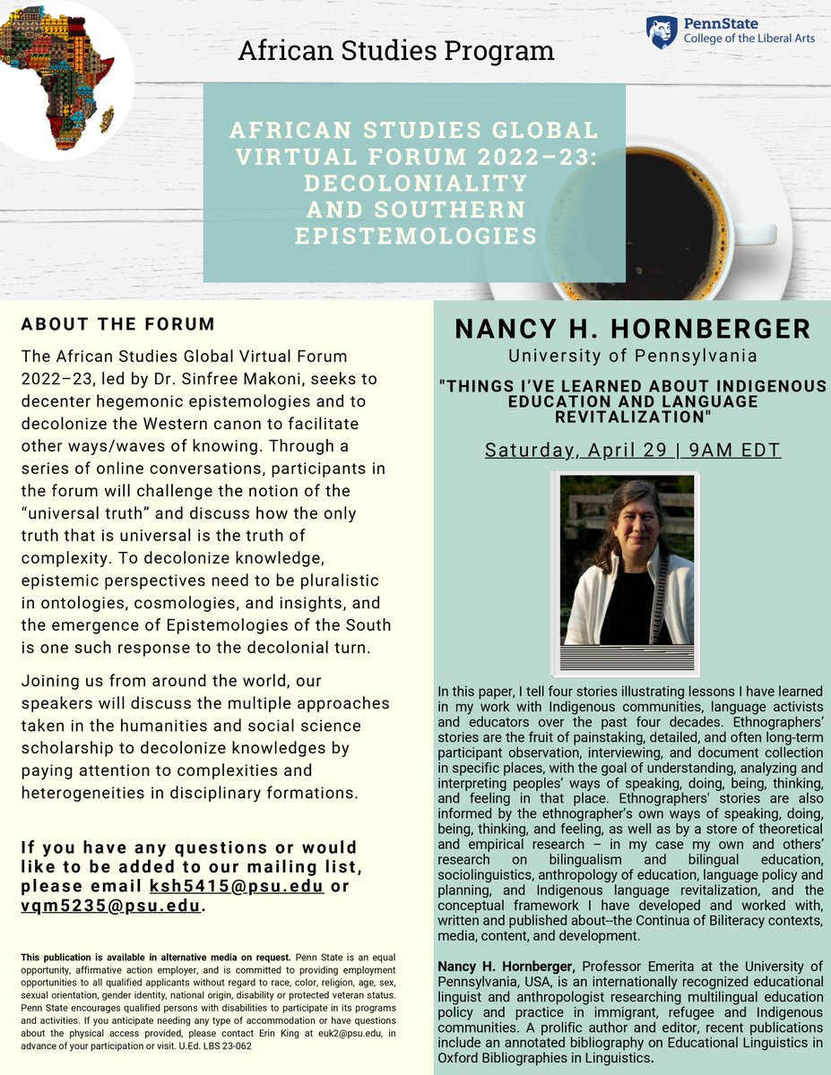 AFR_PSU's tweet photo. Nancy Hornberger will speak on "Things I've learned about Indigenous education and language revitalization"
Saturday, 29 April at 9AM Eastern time
Zoom registration: https://t.co/RCAr6Kog1K https://t.co/mdwN5y97f0