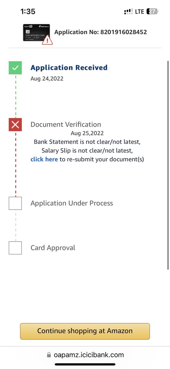 RahulKu98230214's tweet photo. I did apply for the #AMAZONICICIBANKCREDITCARD on 24 aug 2022 . Even after uploading my salary slip it is keep on showing this . I have sent multiple emails to bank to cancel my old application but no positive output . @ICICIBank @ICICIBank_Care @amazonIN https://t.co/7SfO0Q6lY5