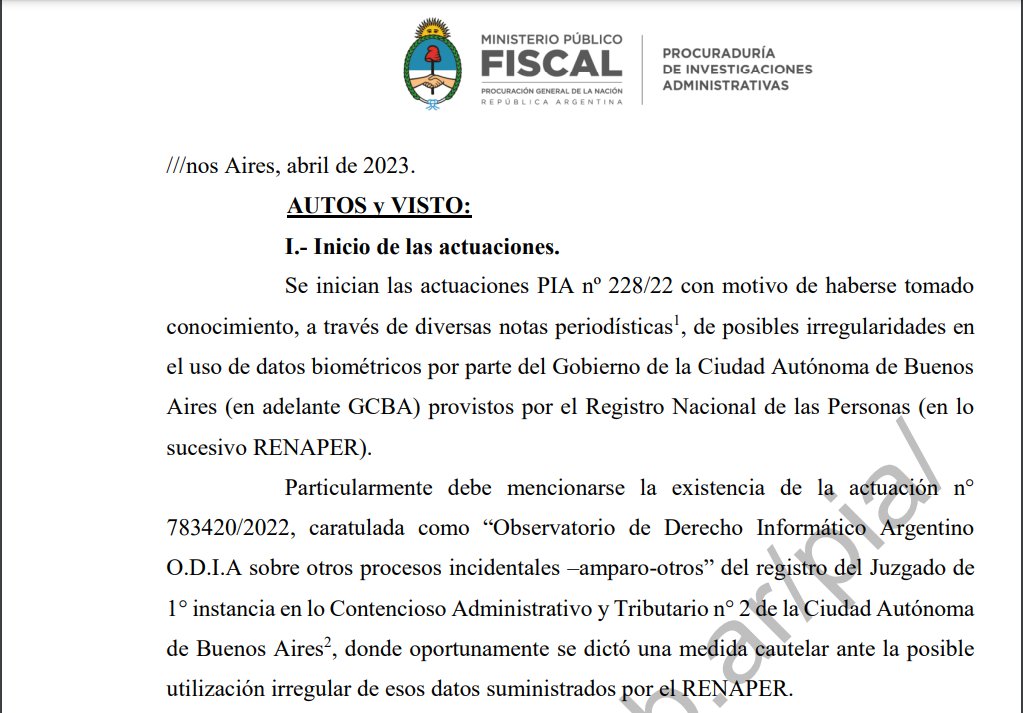 ODIAasoc's tweet photo. Ayer la Procuración de Investigaciones Administrativas (PIA) resolvió denunciar penalmente a autoridades del @gcba en el marco de una investigación de oficio iniciada a consecuencia de los hallazgos que tuvieron lugar en nuestro amparo contra el reco facial
Abrimos 🧵! https://t.co/AehLt9xo0F