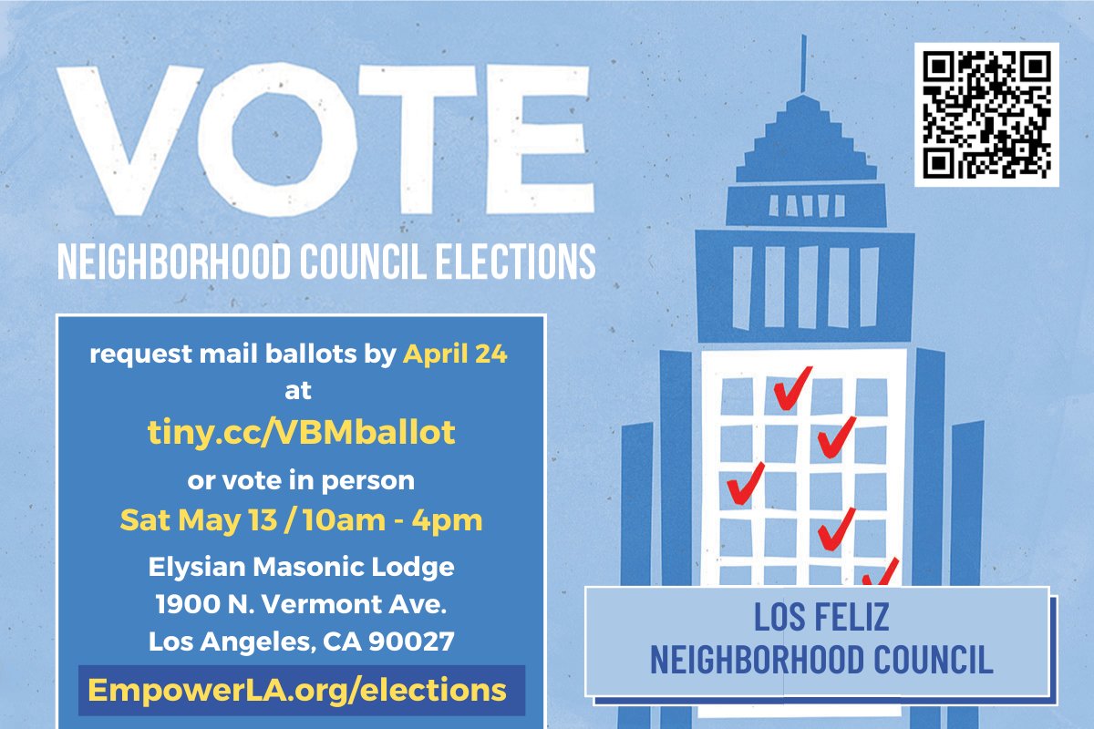 LOS FELIZ NEIGHBORHOOD COUNCIL ELECTION
<a href="/LosFelizNC/">Los Feliz</a> 
Saturday May 13, 2023 - 10am - 4pm
Elysian Masonic Lodge
Dining Hall
1900 N. Vermont Ave, LA 90027
*Free parking*
Map: goo.gl/maps/eig2Pickg…