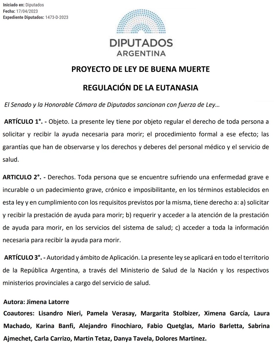 "Eutanasia":
Por comentarios sobre el proyecto presentado en la Cámara de Diputados
