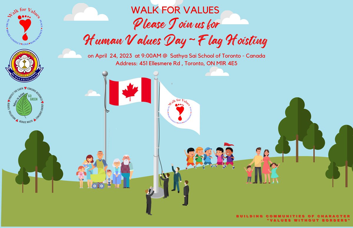 walkforvalues's tweet photo. @walkforvalues invites you all for #HumanValuesDay Flag Hosting at @SathyaSaiTO on April 24th 2023 at 9:00 AM
#WorldHumanValuesDay #HumanValuesDay #valueswithoutborder #WalkForValues #Values #April24th #Canada #Toronto https://t.co/pklyjhzK7M