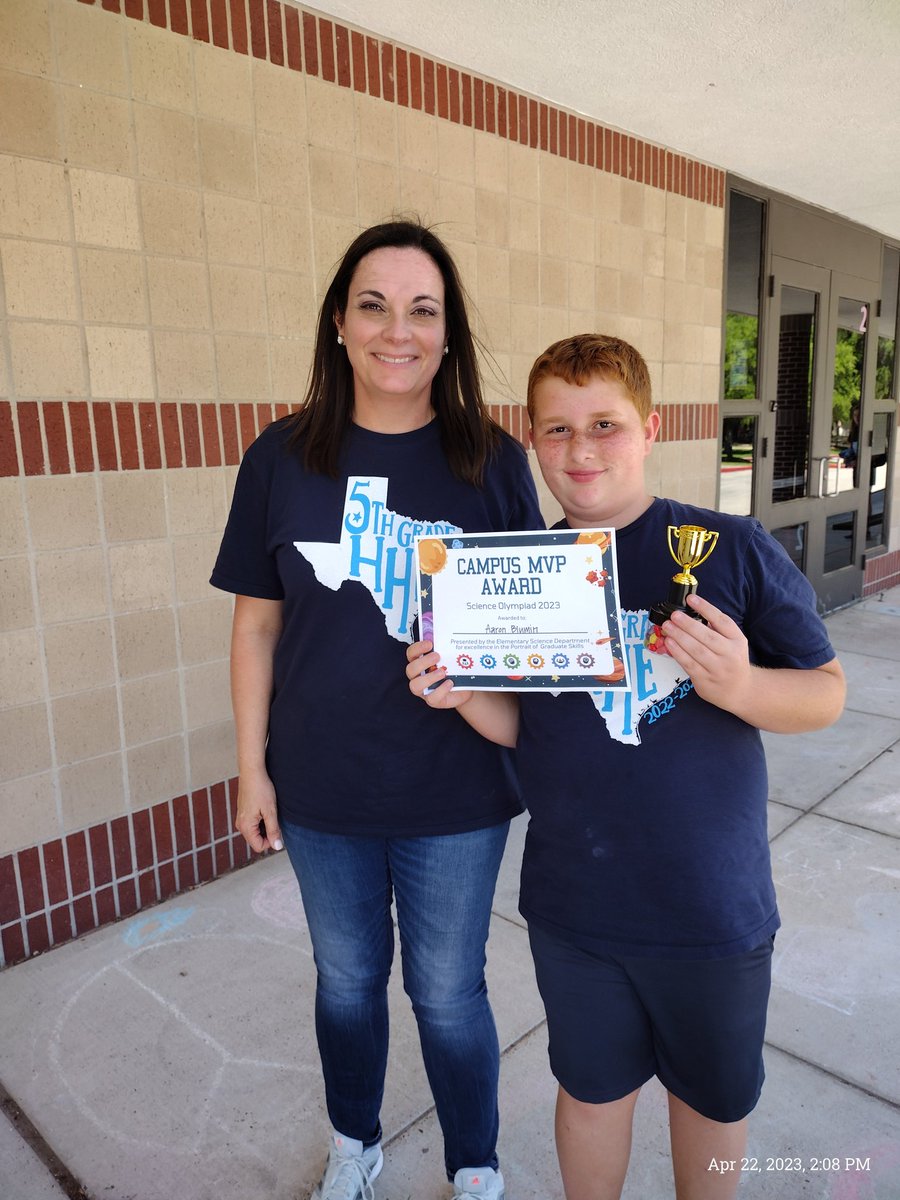HHE Science Olympiad and our campus MVP for the Science Olympiad Competition today! Aaron Blumin, your dedication will take you places! 😊
<a href="/HumbleISD_HHE/">Hidden Hollow Elementary</a> <a href="/hheptakingwood/">Hidden Hollow PTA</a>