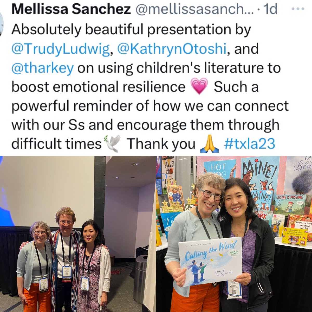 TrudyLudwig's tweet photo. It’s a wrap! I had a wonderful time presenting to TX librarians at #txla2023 with the amazing @tharkey & @KathrynOtoshi Thank you, TX librarians, for your wonderful feedback! ❤️ @RHCBEducators @randomhousekids @KidlitKat #empathy #SEL #sccrowd #escchat #compassion https://t.co/Gpvva8E1fo