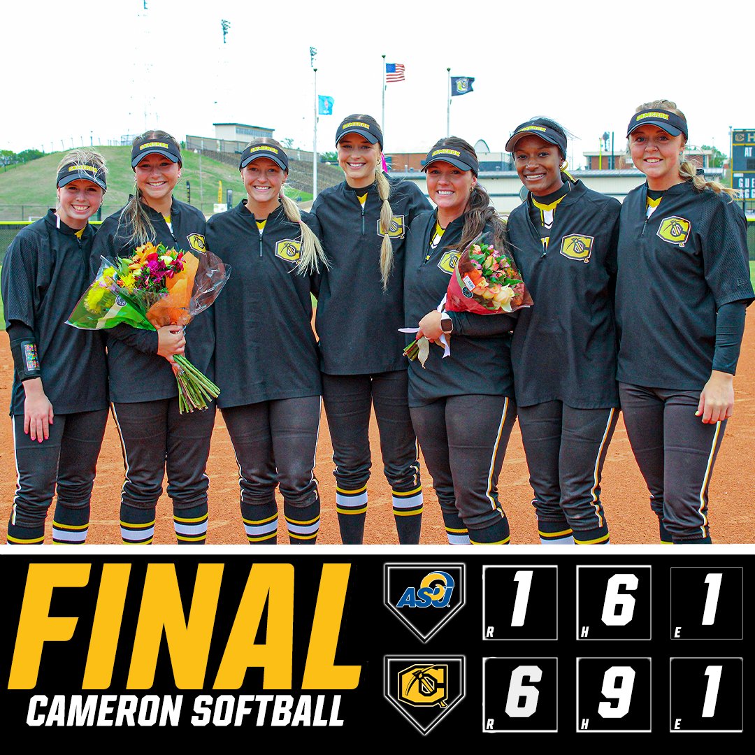 SB | Josie Swafford pitched 5.2 scoreless innings striking out four to lead Cameron to a sweep of Angelo State and a 6-1 win. Ashlynn Bruce, Khmari Edwards, and Taylor Rowley had two hits, and Kaiden Boren, Mikayla Richmond, and Swafford added one. 
#CUSoftball #BackTheAxe⛏️