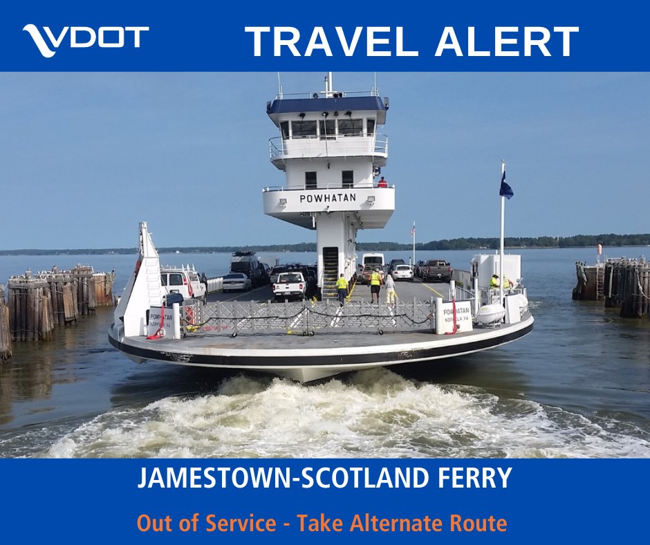 Traffic Alert: The Jamestown-Scotland Ferry is currently out of service for emergency repairs at the loading dock. The James River Bridge is an alternate travel route until service is restored.   #hrtraffic <a href="/SurryCountyVa/">SurryCountyVa</a> <a href="/JamesCityCounty/">James City County</a> <a href="/JamestownTweets/">Jamestown Foundation</a>