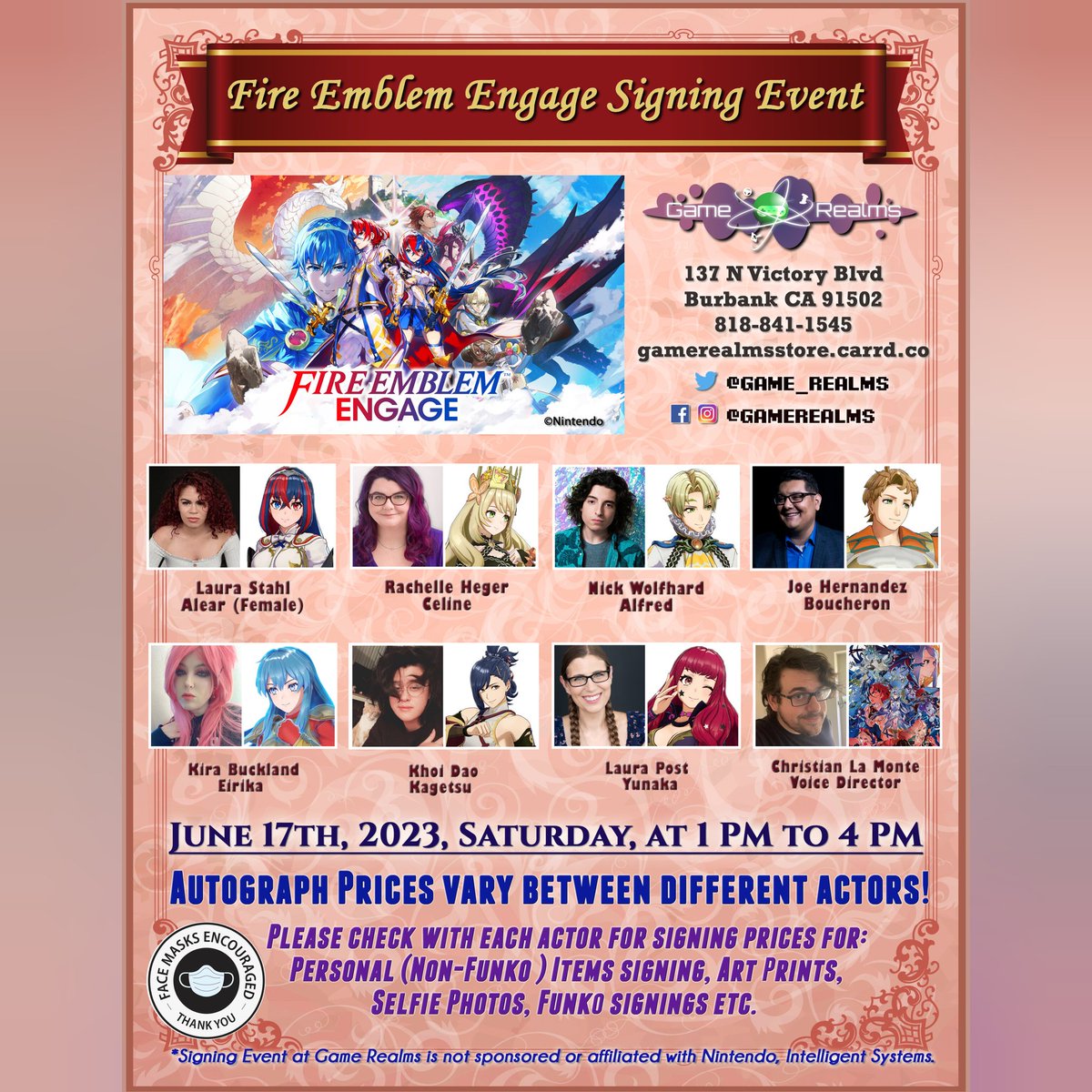 Game_Realms's tweet image. #FireEmblemEngage #VoiceActor Signing Event at Game Realms in Burbank California!

Date: June 17th, 2023, Saturday, at 1 PM to 4 PM

#FireEmblem VOs:
@laura_stahl @Rachellular
@Nick__Wolfhard @JoeHernandezVO @KiraBuckland @khoidaooo @LauraPostVoice @WritingMadness 

#Nintendo