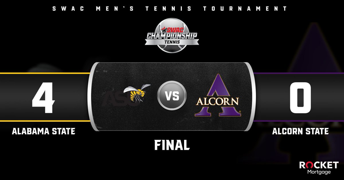 theswac's tweet photo. 2023 SWAC Men’s Tennis Tournament Final Score: Apr. 22 presented by Rocket Mortgage 

@BamaStateSports advances to the Finals after defeating Alcorn State! 

#SWACTennis x #SWACChampionship https://t.co/HbWdxnTtDF
