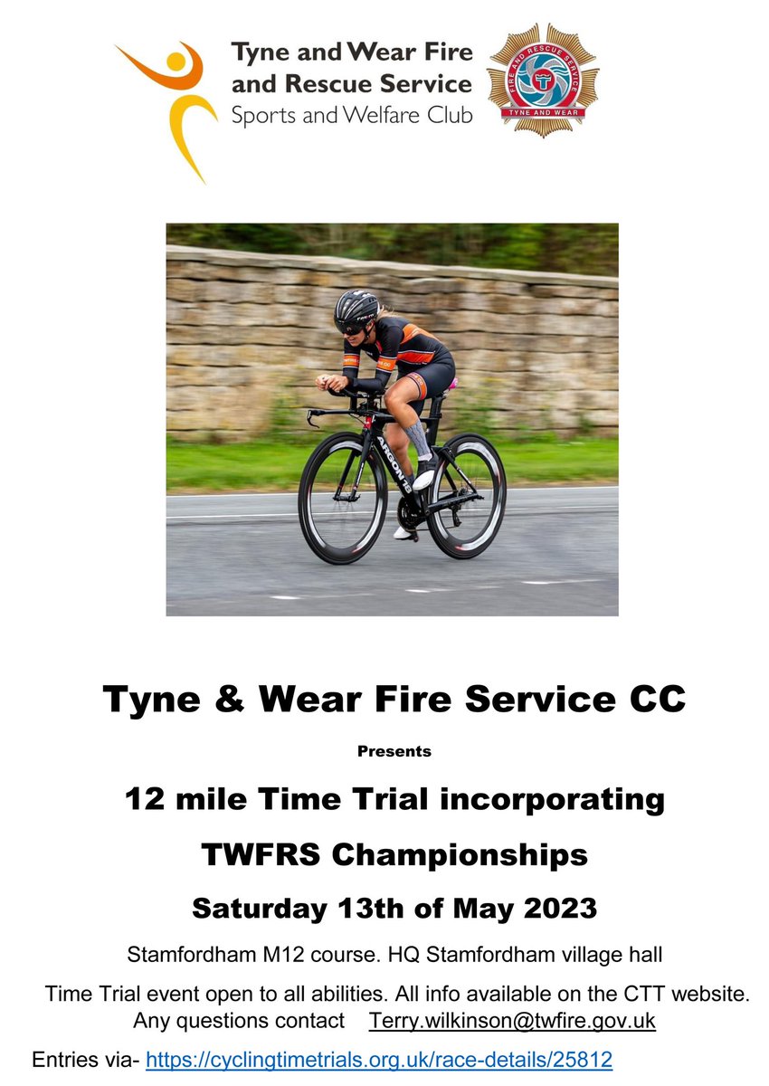 Great to see the sports calendar is filling up, an indication the weather is changing 🌤️! First Cycle TT on 13th May in Stamfordham you can sign up here cyclingtimetrials.org.uk/race-details/2… <a href="/firesportuk/">FireSport UK</a> <a href="/NlandFRS/">Northumberland Fire & Rescue Service</a> <a href="/Tyne_Wear_FRS/">Tyne and Wear Fire and Rescue Service</a> <a href="/CDDFRS/">County Durham & Darlington Fire & Rescue Service</a> hope to see many of you there. #cycling #cyclinglife
